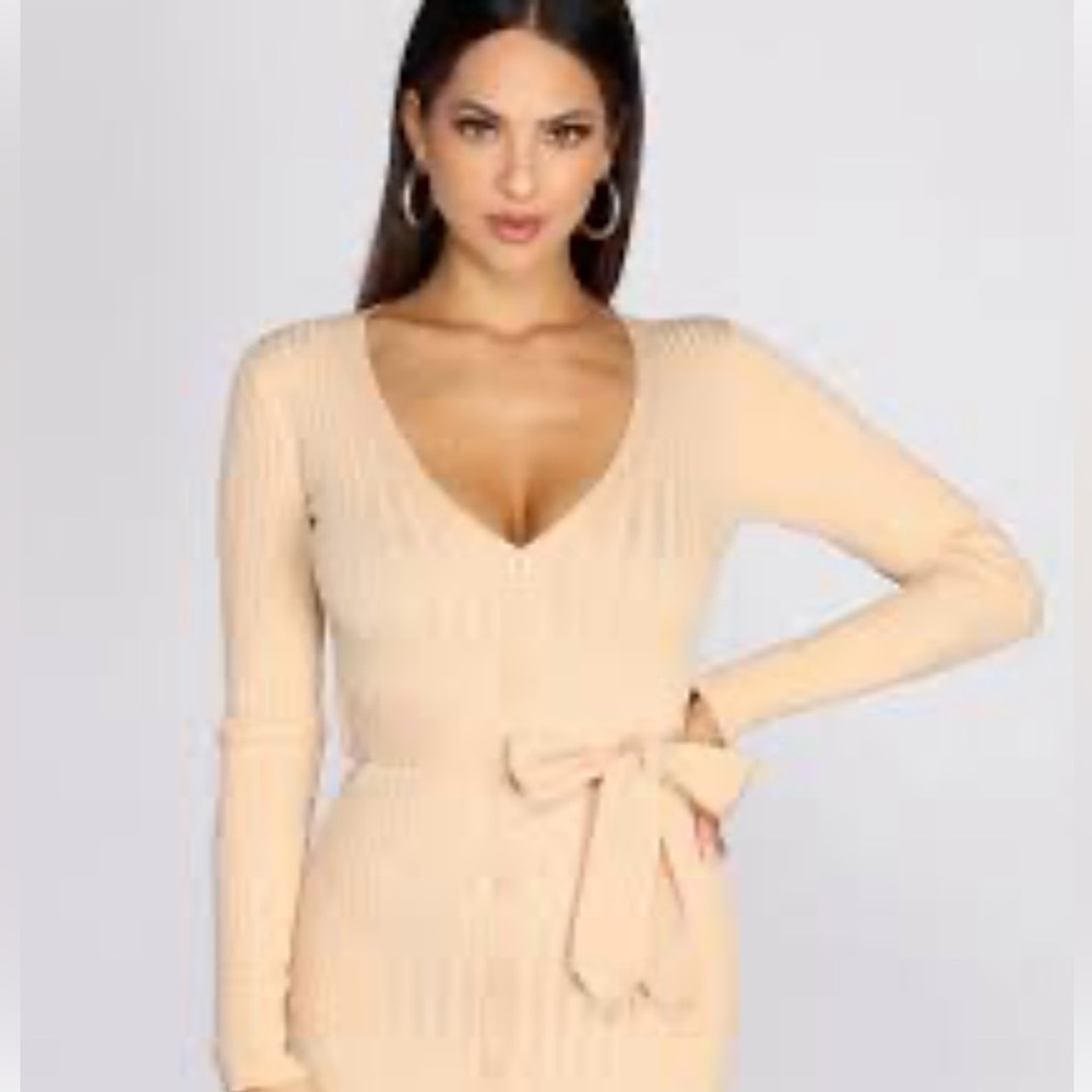 Marciano Women's Ribbed V-Neck Sweater Dress in Beige